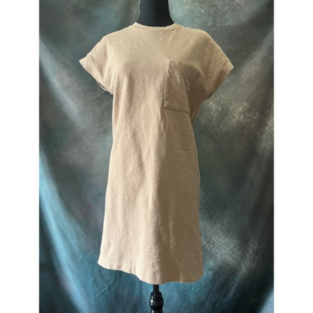 Hering Women's Pocket T-Shirt Dress Casual Short Sleeve Beige Medium